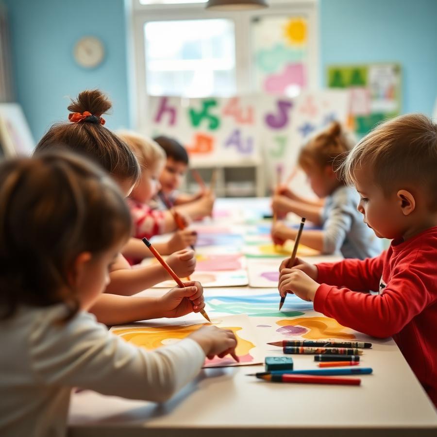 Crianças pintando e desenhando em mesa coletiva no ateliê