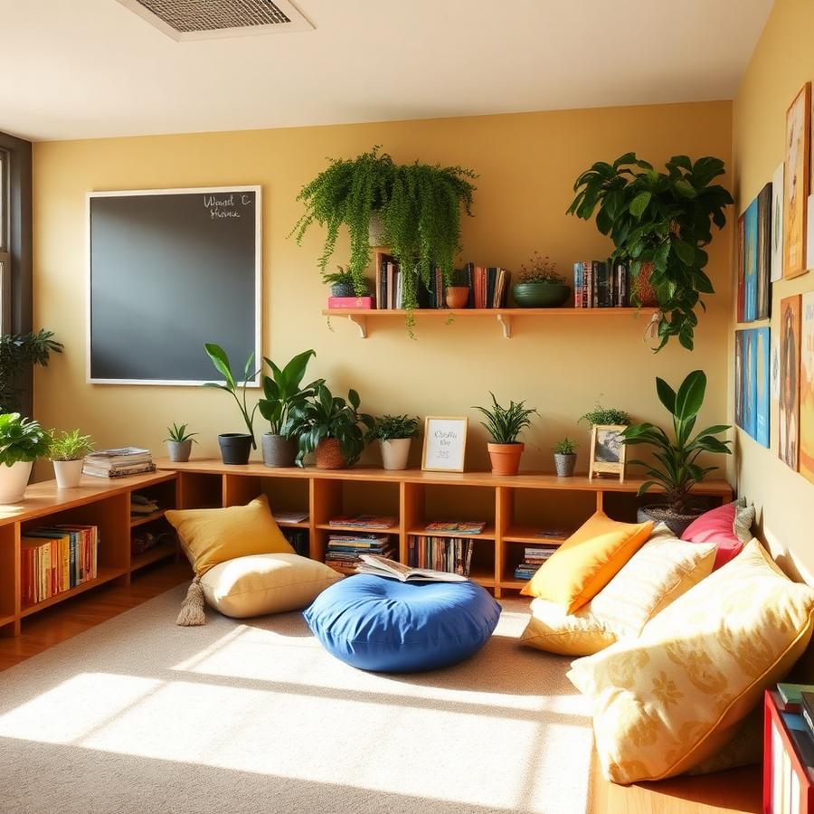 Cantinho de leitura com almofadas, livros e plantas