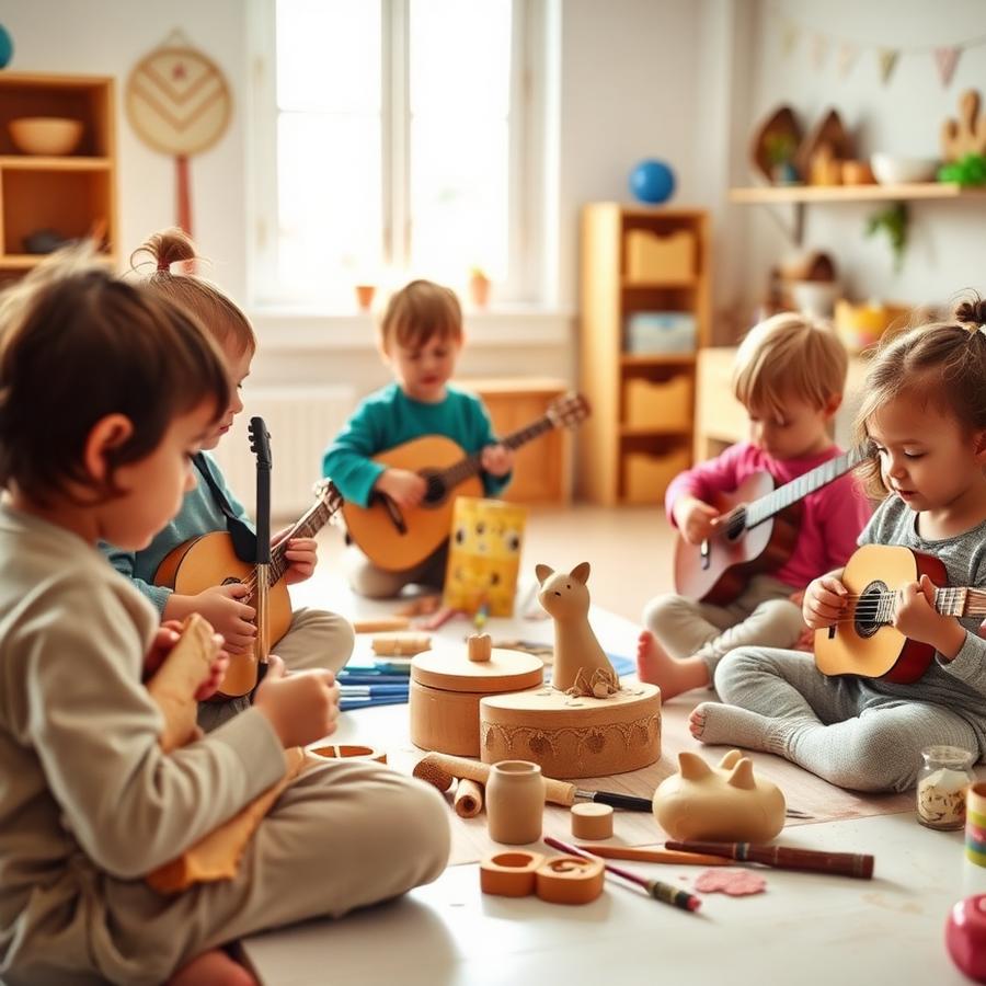Crianças tocando instrumentos e modelando argila na oficina
